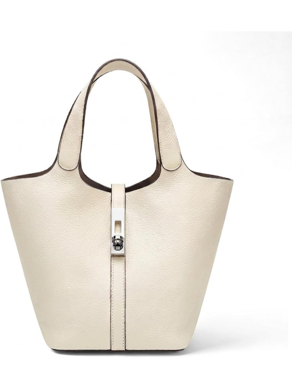 Women's White Vegan Leather Satchel Tote Handle Lock Design Bucket Purse